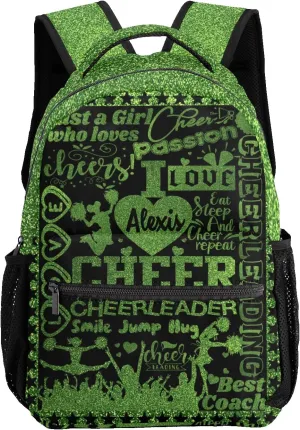 Custom Cheerleader Green Sparkle Print Kids' Backpack Personalized Child Daypacks Shoulder Bag for Primary Junior High University Gift
