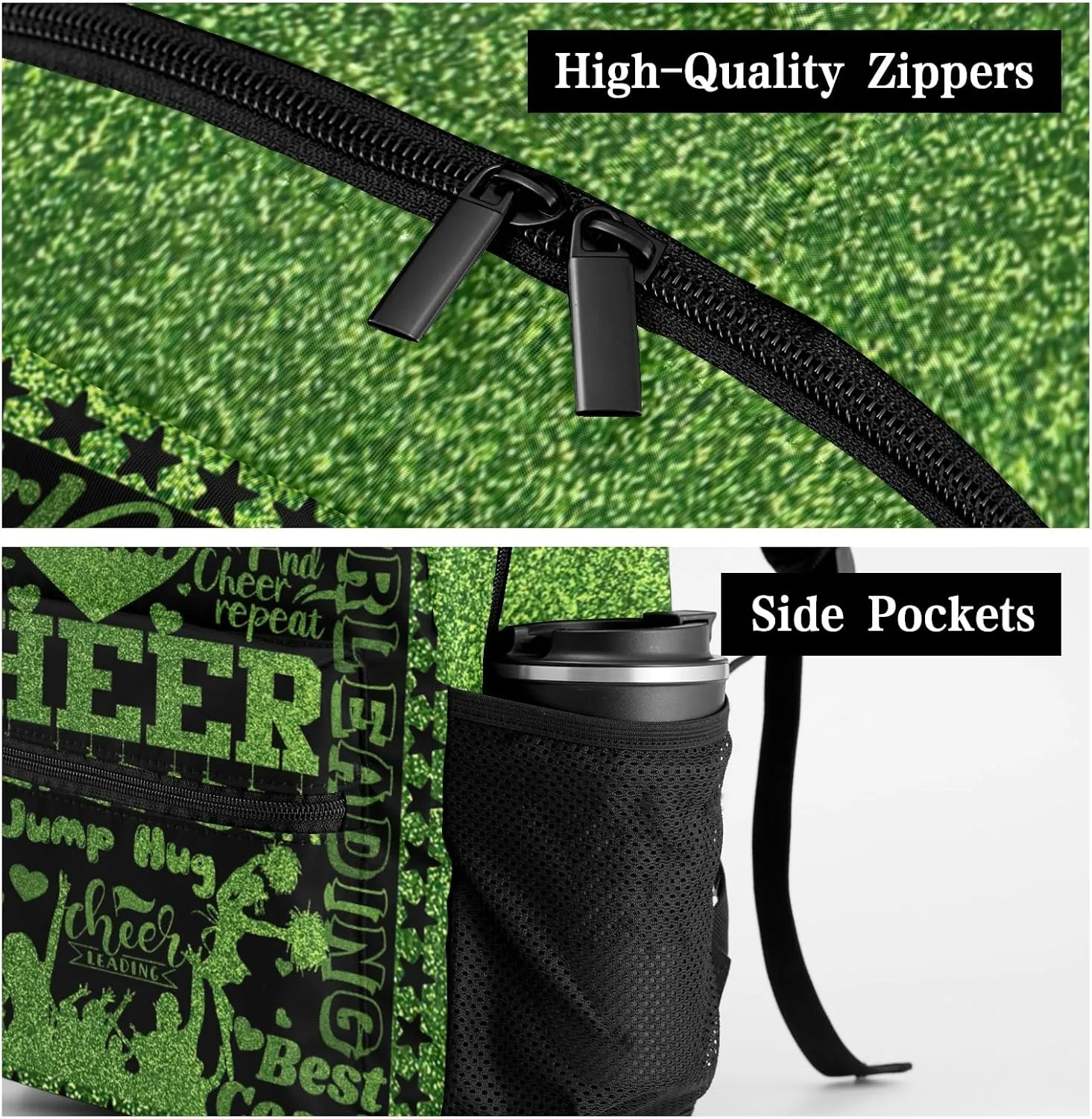 Custom Cheerleader Green Sparkle Print Kids' Backpack Personalized Child Daypacks Shoulder Bag for Primary Junior High University Gift