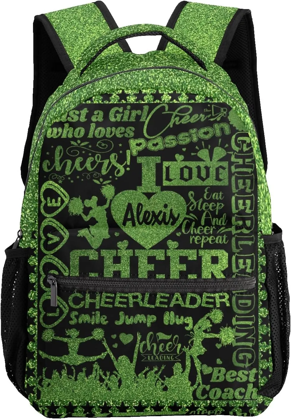 Custom Cheerleader Green Sparkle Print Kids' Backpack Personalized Child Daypacks Shoulder Bag for Primary Junior High University Gift