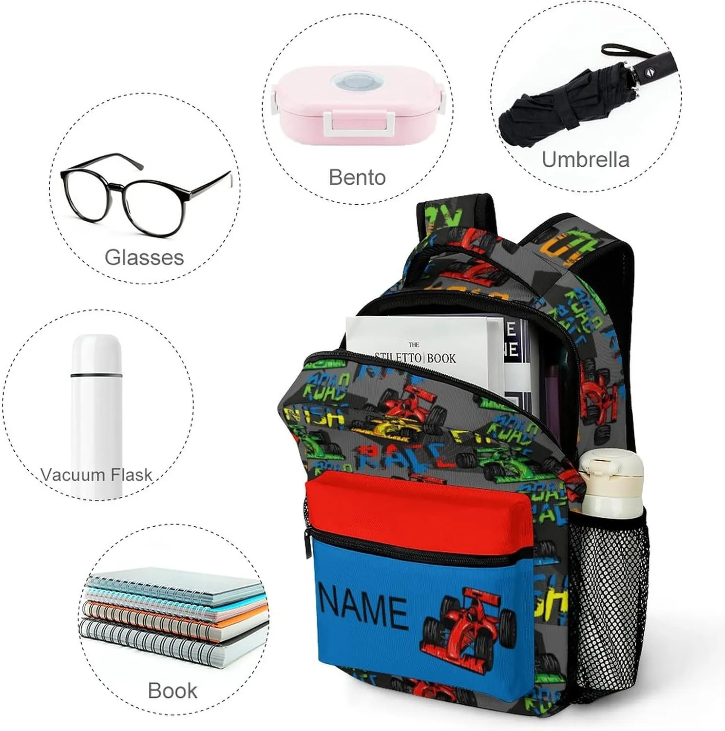Custom Colorful Road Car Backpack Personalized Name Text Backpack Daypacks Customized BookBags School Bag for Student Boys Girls