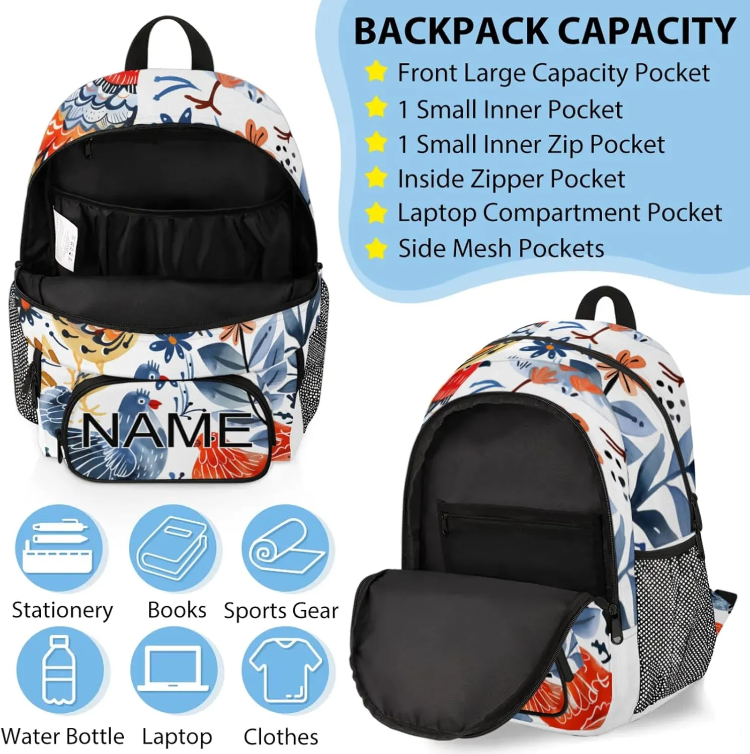 Custom Cute Chicken Backpack and Lunch Box Set Personalized Backpack with Name, Customized Farmhouse Rooster Lightweight Waterproof Travel Casual Daypacks
