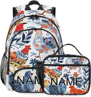 Custom Cute Chicken Backpack and Lunch Box Set Personalized Backpack with Name, Customized Farmhouse Rooster Lightweight Waterproof Travel Casual Daypacks