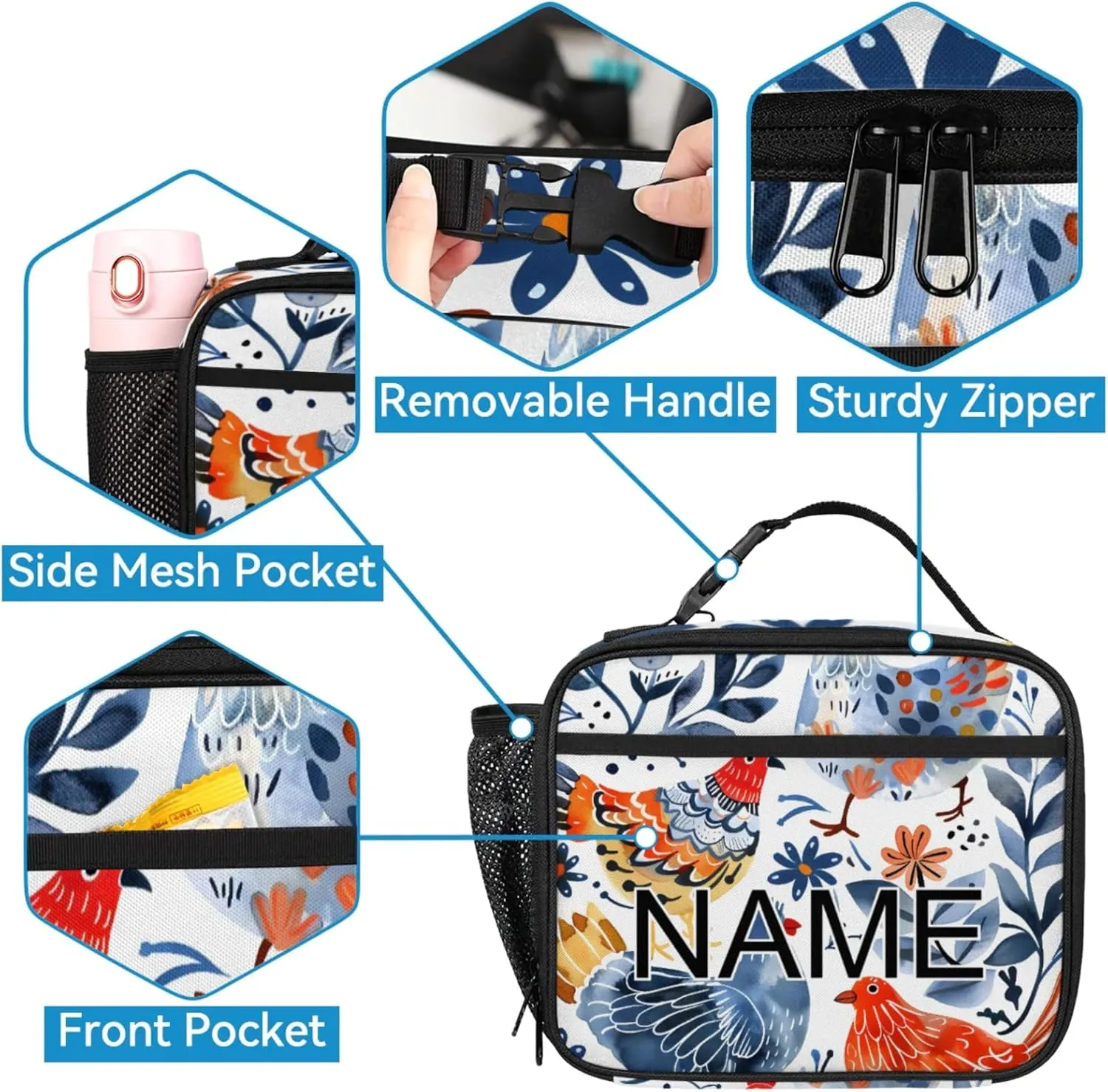 Custom Cute Chicken Backpack and Lunch Box Set Personalized Backpack with Name, Customized Farmhouse Rooster Lightweight Waterproof Travel Casual Daypacks