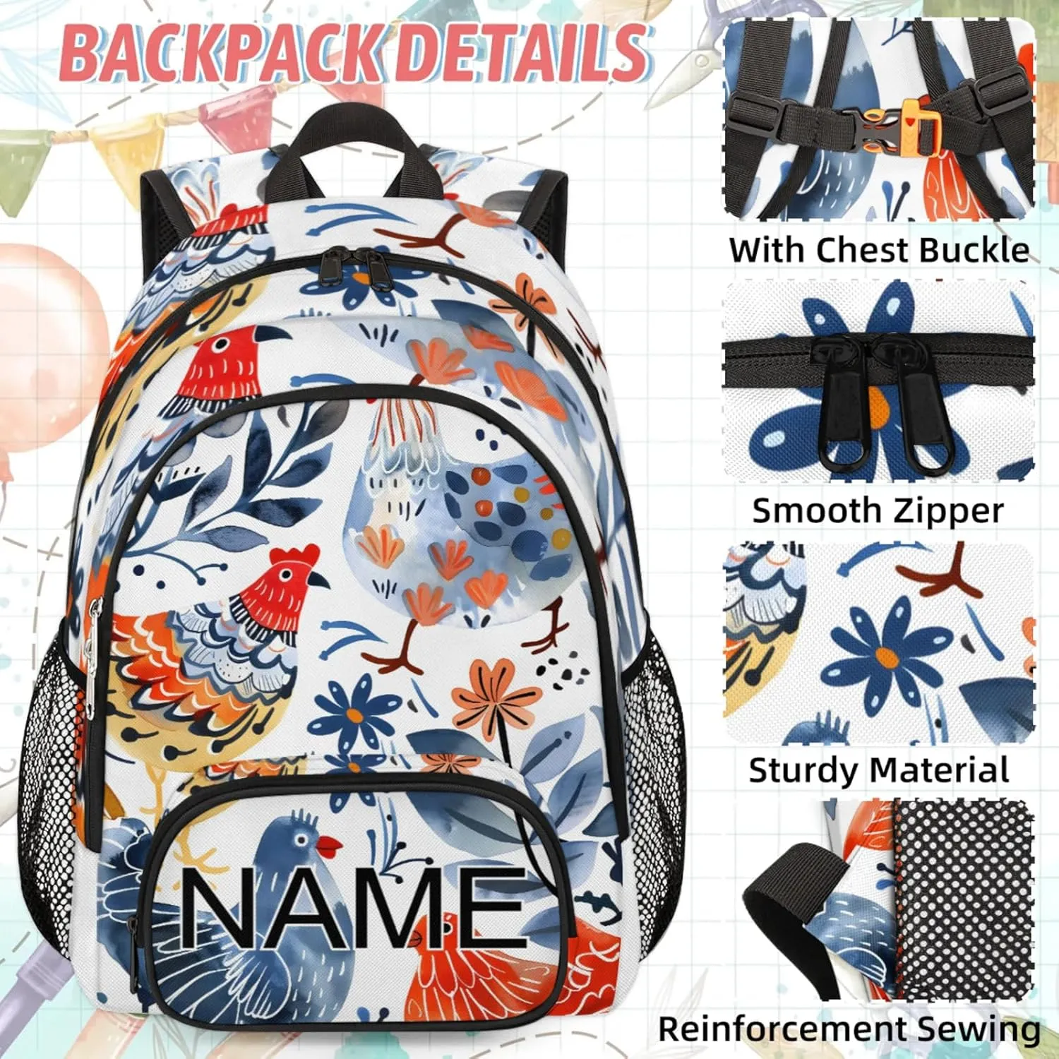 Custom Cute Chicken Backpack and Lunch Box Set Personalized Backpack with Name, Customized Farmhouse Rooster Lightweight Waterproof Travel Casual Daypacks
