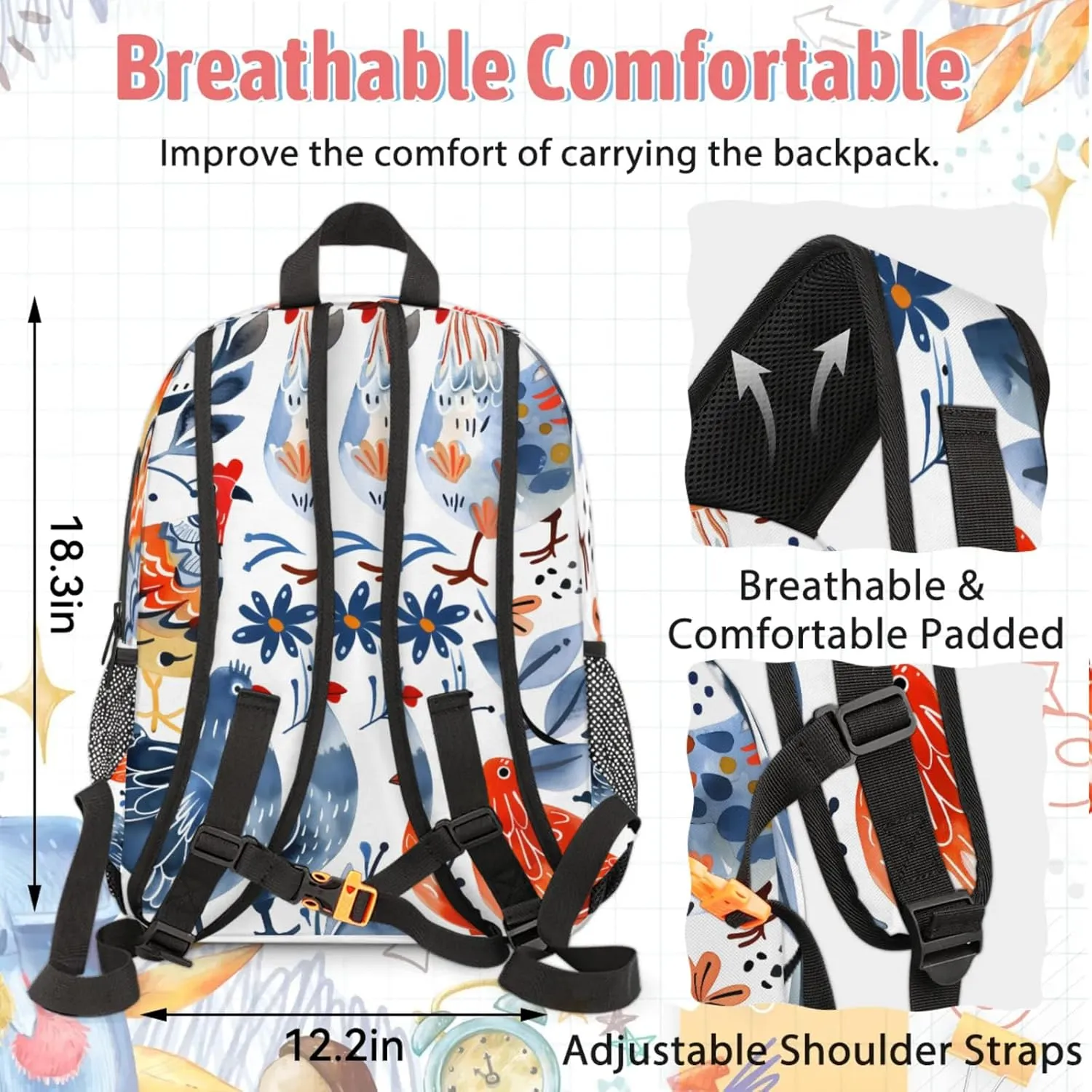 Custom Cute Chicken Backpack and Lunch Box Set Personalized Backpack with Name, Customized Farmhouse Rooster Lightweight Waterproof Travel Casual Daypacks