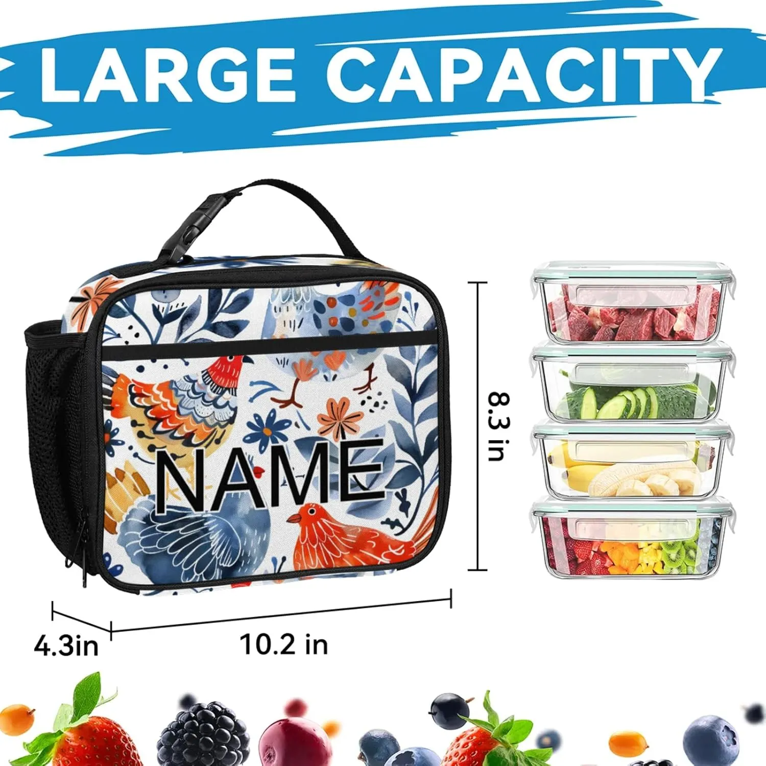 Custom Cute Chicken Backpack and Lunch Box Set Personalized Backpack with Name, Customized Farmhouse Rooster Lightweight Waterproof Travel Casual Daypacks