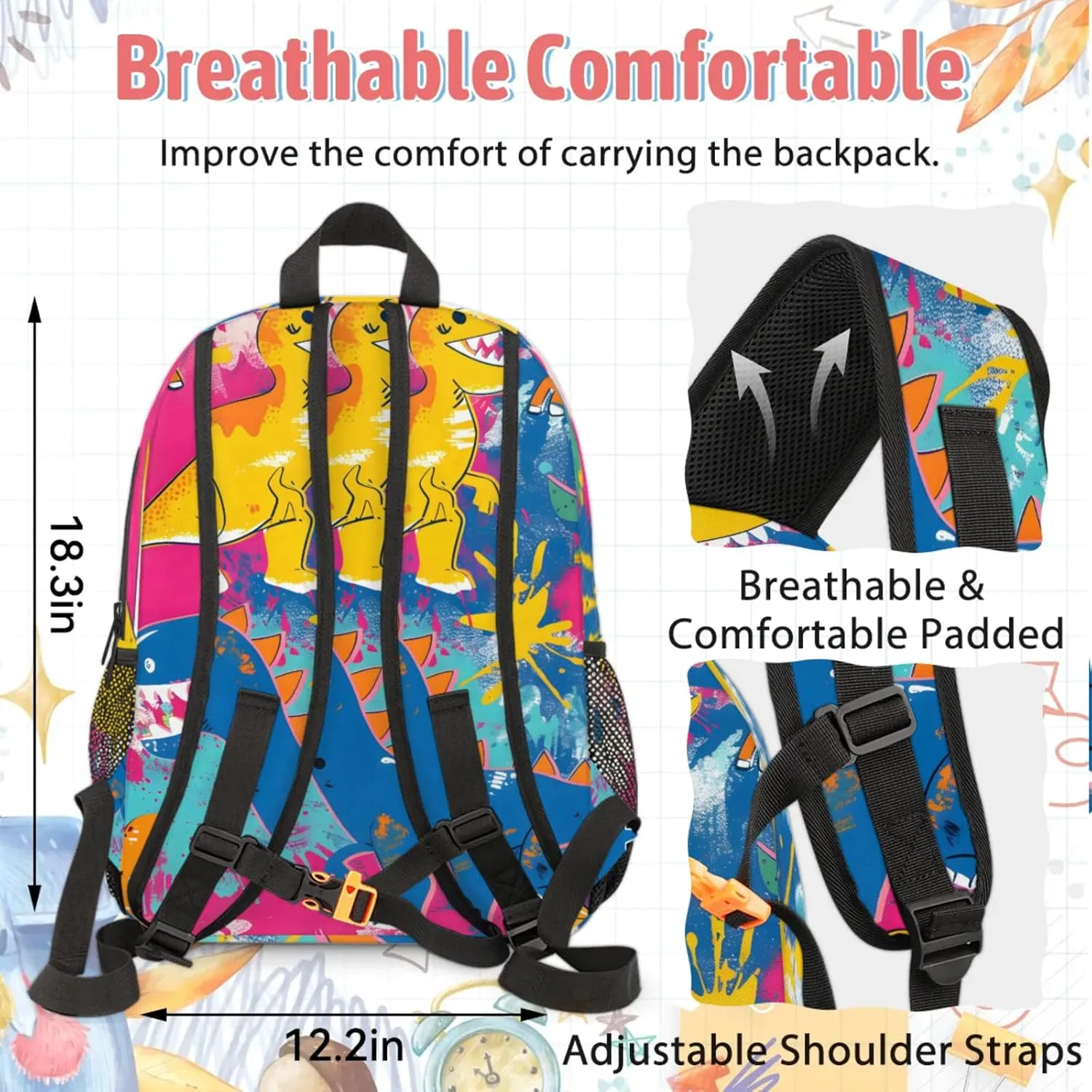 Custom Cute dinosaur Backpack and Lunch Box Set Personalized Backpack with Name, Customized Colorful rainbow Lightweight Waterproof Travel Casual Daypacks