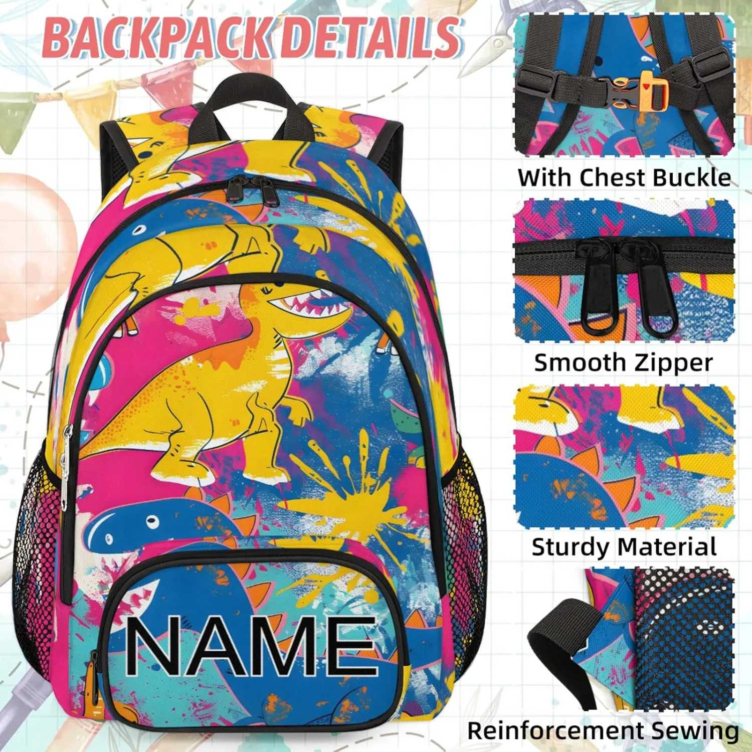 Custom Cute dinosaur Backpack and Lunch Box Set Personalized Backpack with Name, Customized Colorful rainbow Lightweight Waterproof Travel Casual Daypacks