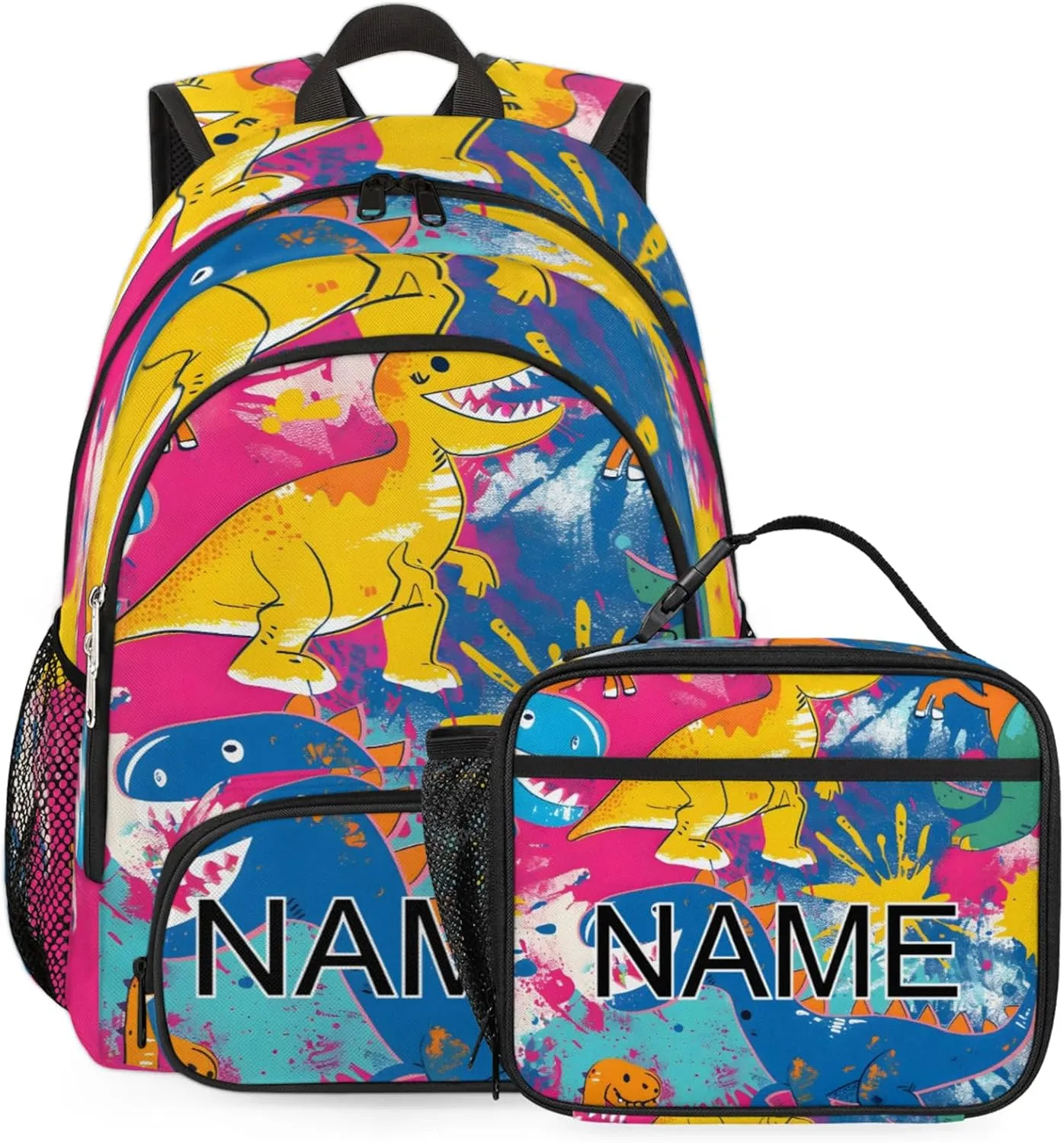 Custom Cute dinosaur Backpack and Lunch Box Set Personalized Backpack with Name, Customized Colorful rainbow Lightweight Waterproof Travel Casual Daypacks