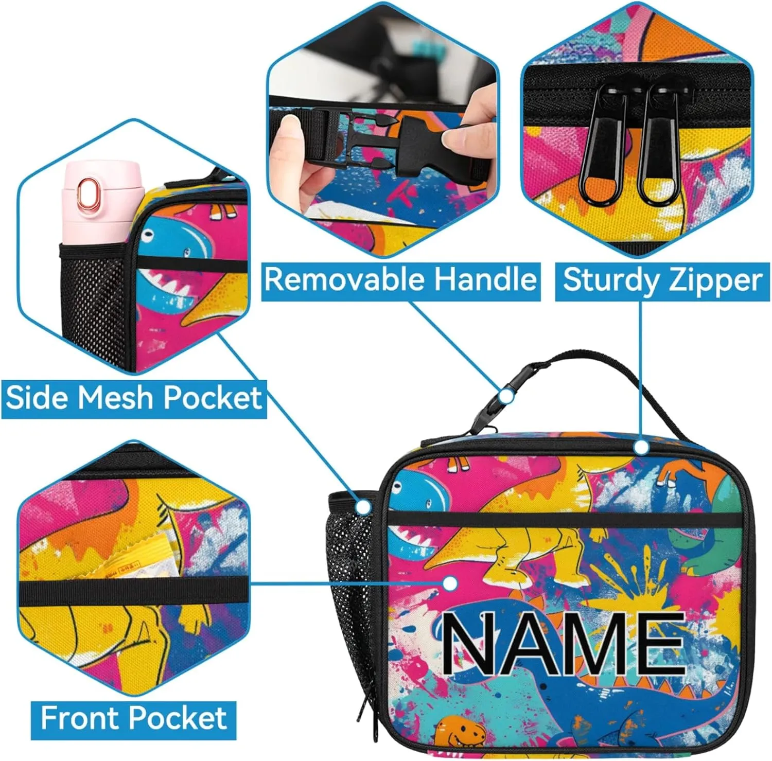 Custom Cute dinosaur Backpack and Lunch Box Set Personalized Backpack with Name, Customized Colorful rainbow Lightweight Waterproof Travel Casual Daypacks