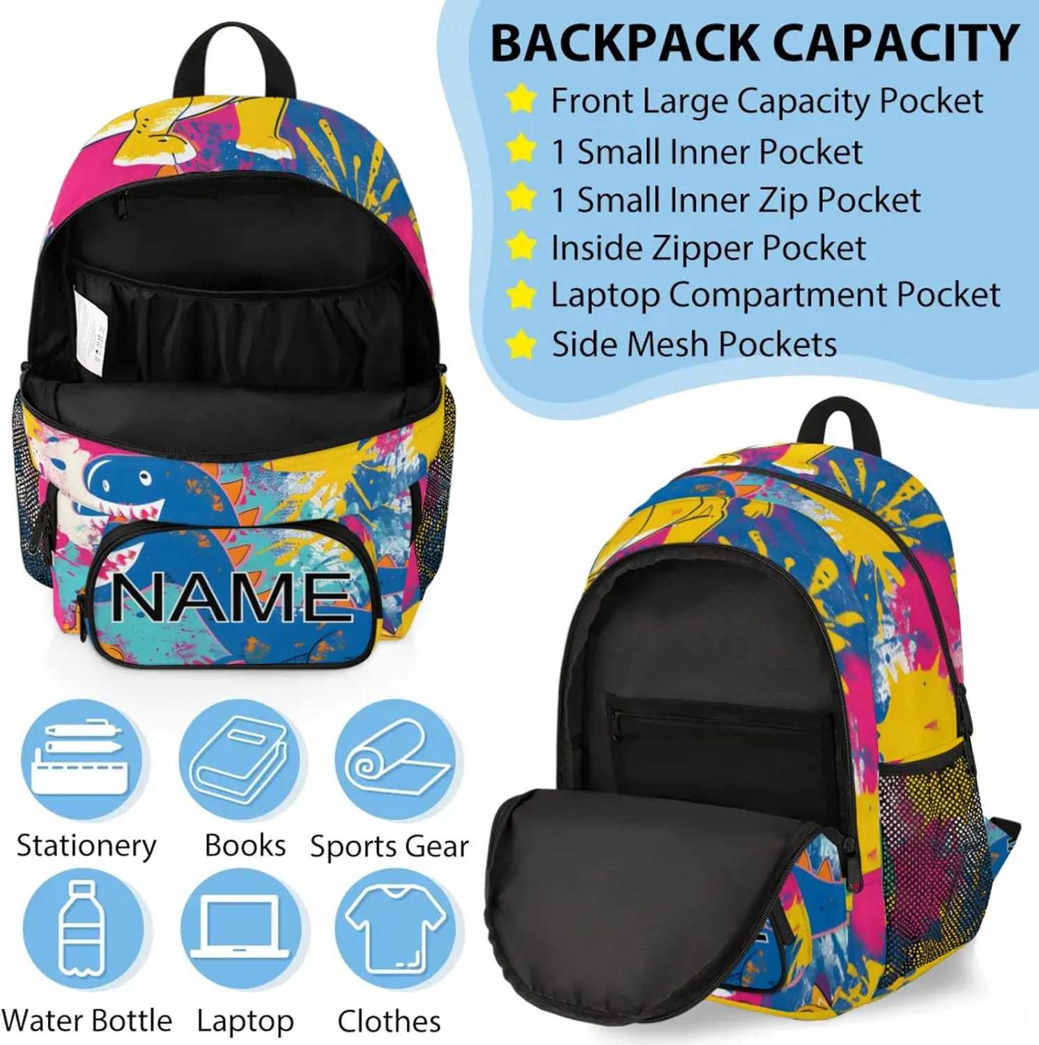 Custom Cute dinosaur Backpack and Lunch Box Set Personalized Backpack with Name, Customized Colorful rainbow Lightweight Waterproof Travel Casual Daypacks