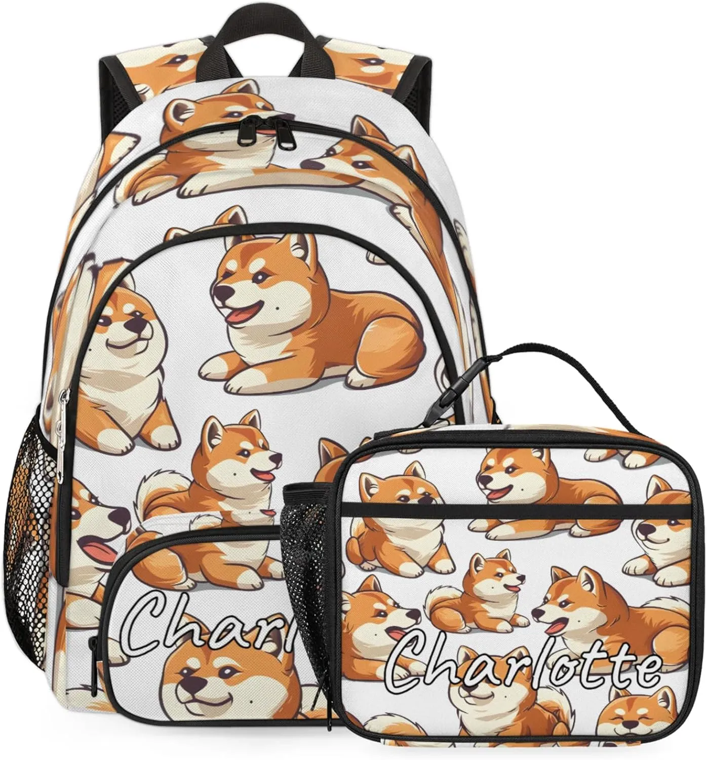 Custom Funny Corgi Backpack and Lunch Box Set Personalized Backpack with Name, Customized Animals Puppy Dog Lightweight Waterproof Travel Casual Daypacks