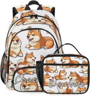 Custom Funny Corgi Backpack and Lunch Box Set Personalized Backpack with Name, Customized Animals Puppy Dog Lightweight Waterproof Travel Casual Daypacks