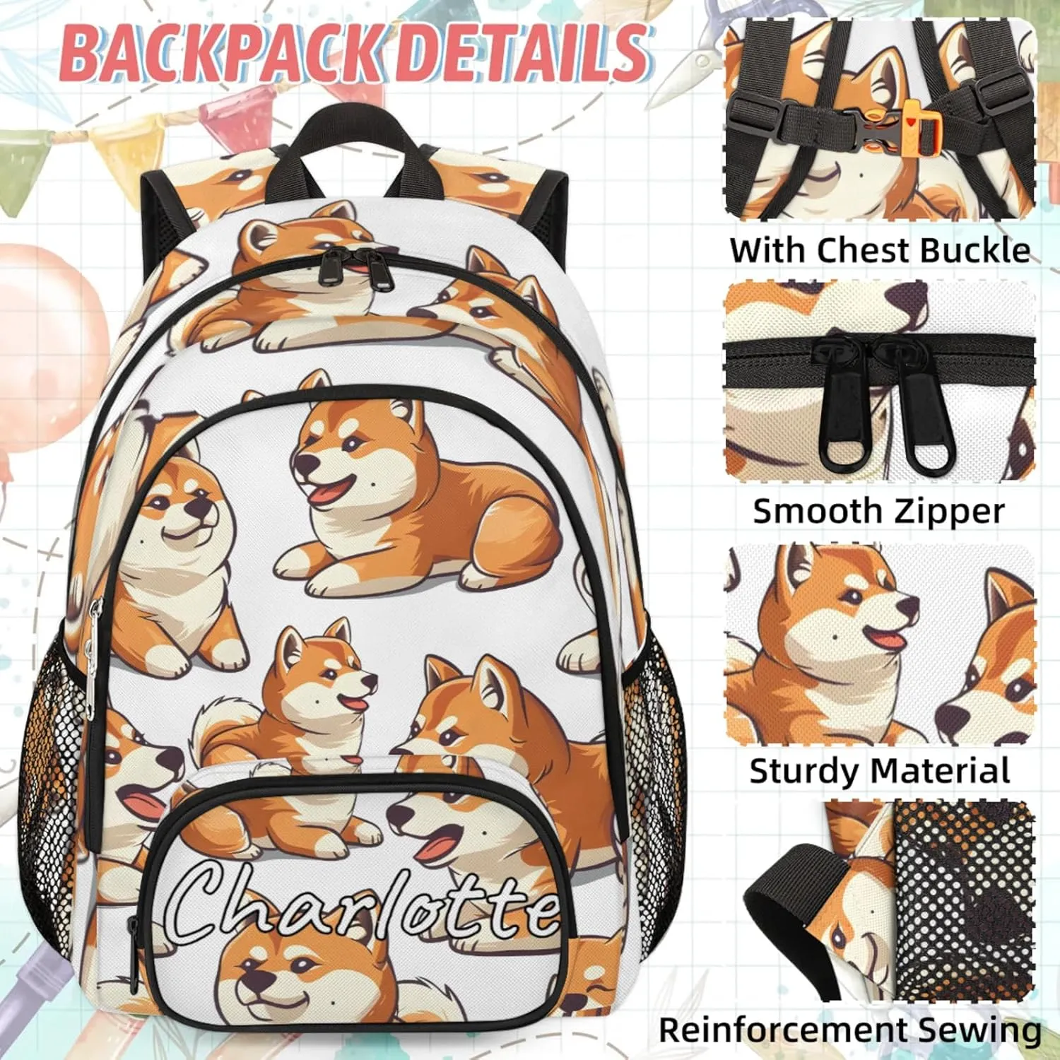 Custom Funny Corgi Backpack and Lunch Box Set Personalized Backpack with Name, Customized Animals Puppy Dog Lightweight Waterproof Travel Casual Daypacks