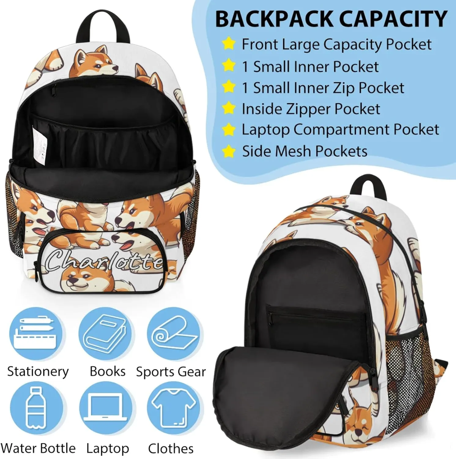 Custom Funny Corgi Backpack and Lunch Box Set Personalized Backpack with Name, Customized Animals Puppy Dog Lightweight Waterproof Travel Casual Daypacks