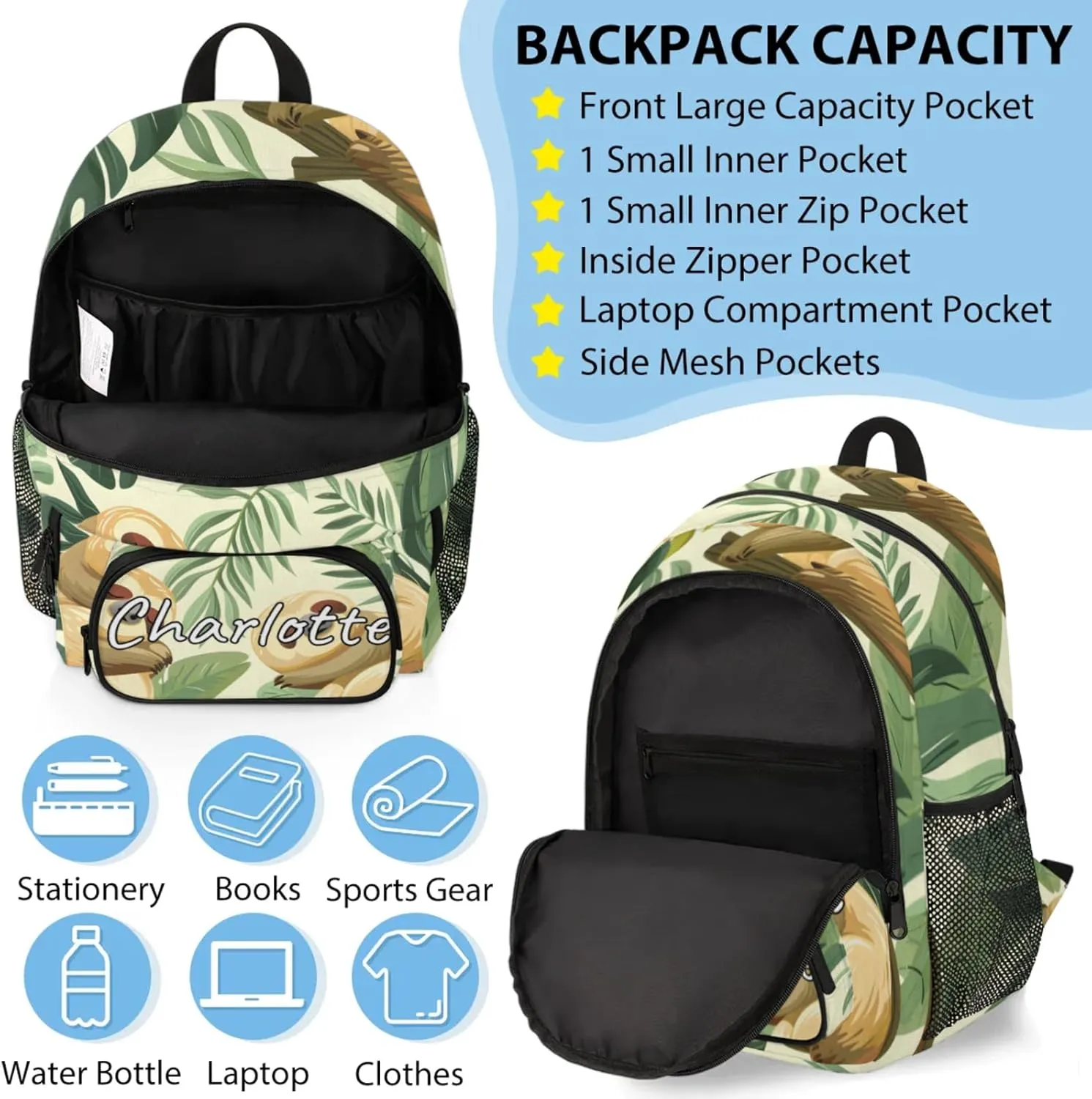 Custom Funny Sloth Backpack and Lunch Box Set Personalized Backpack with Name, Customized Jungle Cute Sloth Lightweight Waterproof Travel Casual Daypacks