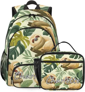 Custom Funny Sloth Backpack and Lunch Box Set Personalized Backpack with Name, Customized Jungle Cute Sloth Lightweight Waterproof Travel Casual Daypacks