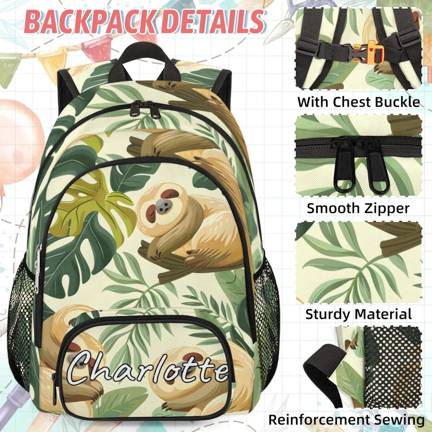 Custom Funny Sloth Backpack and Lunch Box Set Personalized Backpack with Name, Customized Jungle Cute Sloth Lightweight Waterproof Travel Casual Daypacks