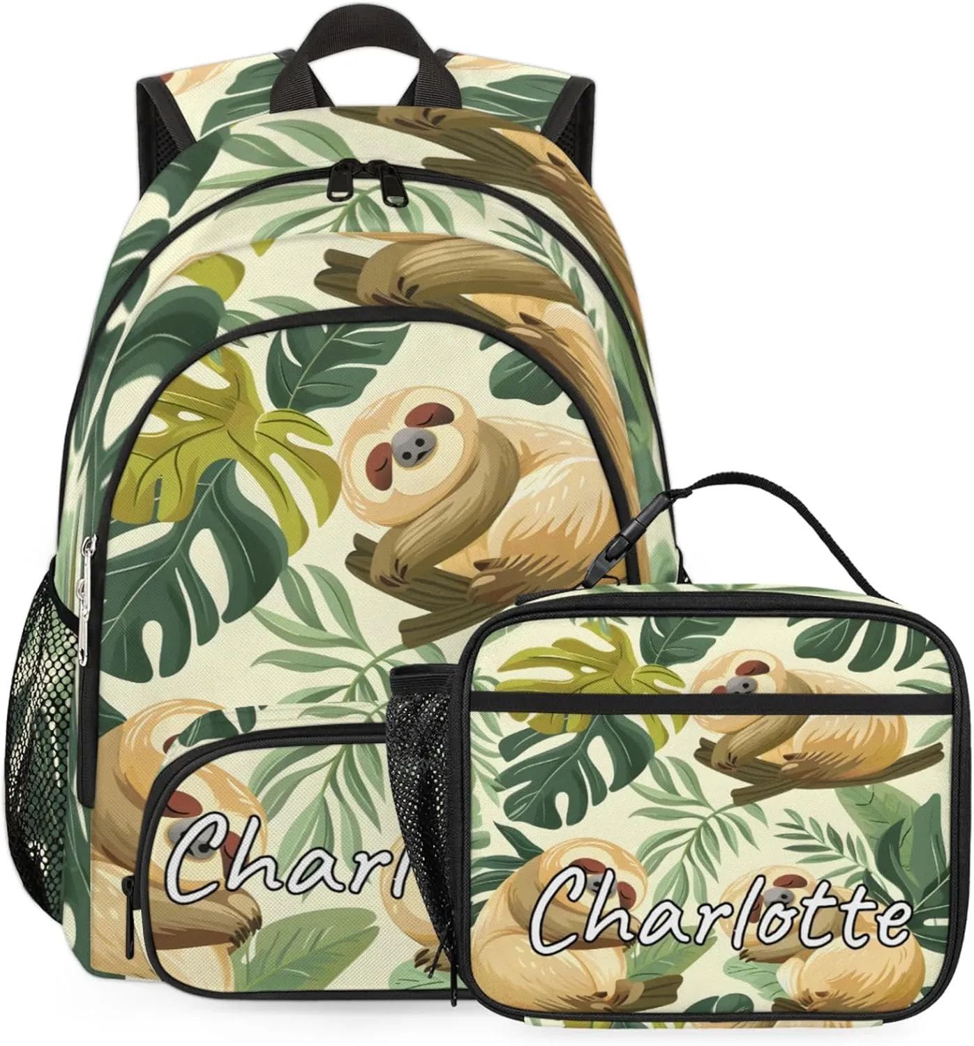 Custom Funny Sloth Backpack and Lunch Box Set Personalized Backpack with Name, Customized Jungle Cute Sloth Lightweight Waterproof Travel Casual Daypacks