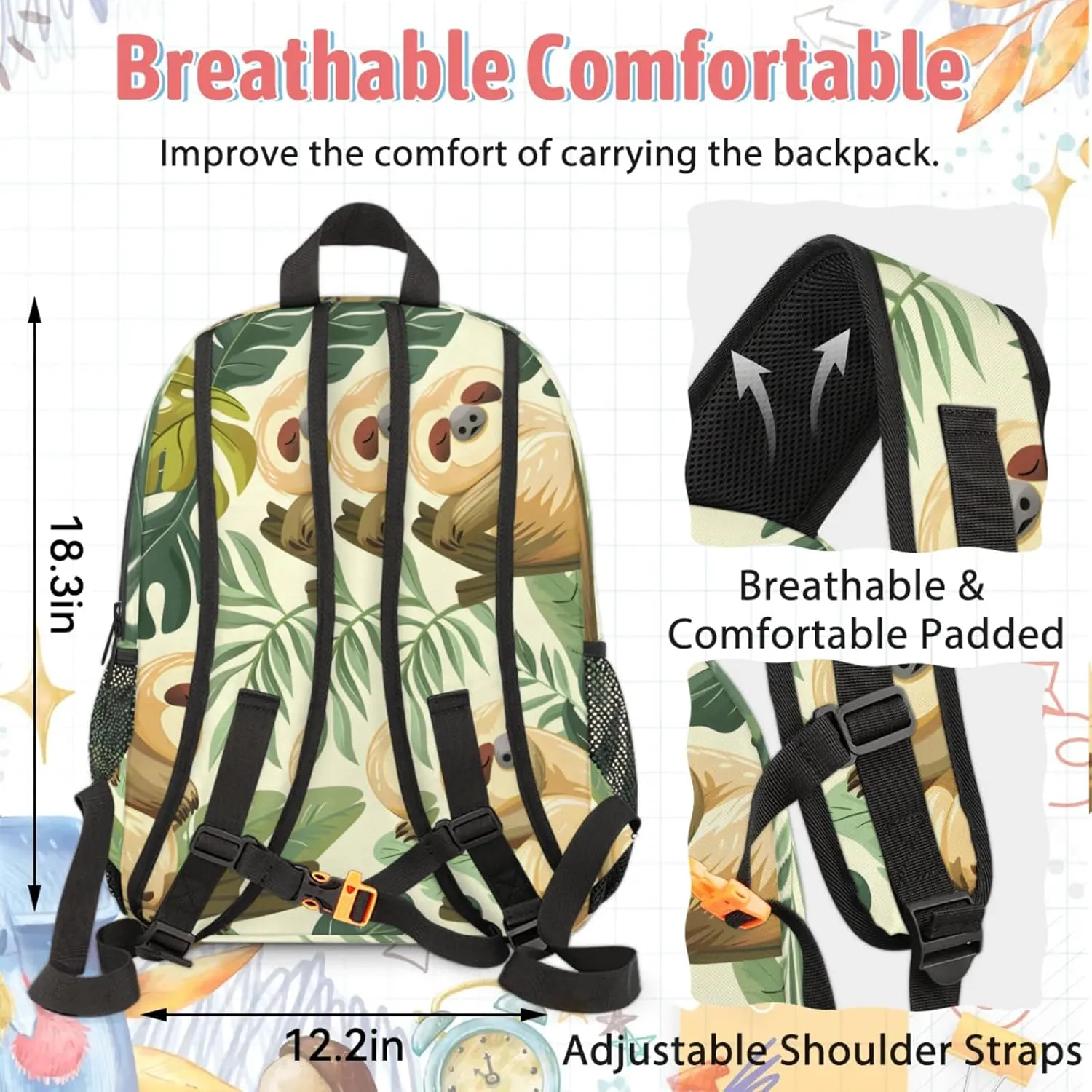 Custom Funny Sloth Backpack and Lunch Box Set Personalized Backpack with Name, Customized Jungle Cute Sloth Lightweight Waterproof Travel Casual Daypacks