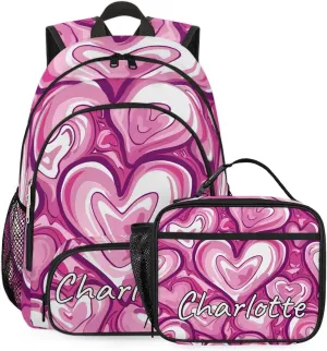 Custom Heart Pink Backpack and Lunch Box Set Personalized Backpack with Name, Customized Modern Retro Lightweight Waterproof Travel Casual Daypacks
