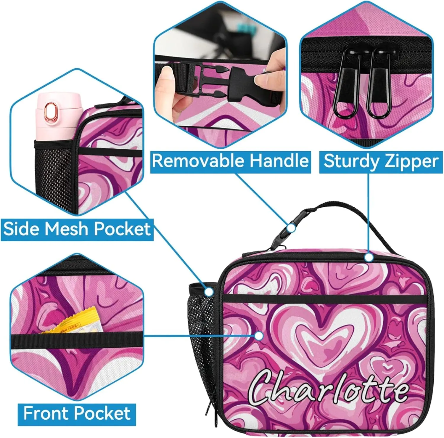 Custom Heart Pink Backpack and Lunch Box Set Personalized Backpack with Name, Customized Modern Retro Lightweight Waterproof Travel Casual Daypacks