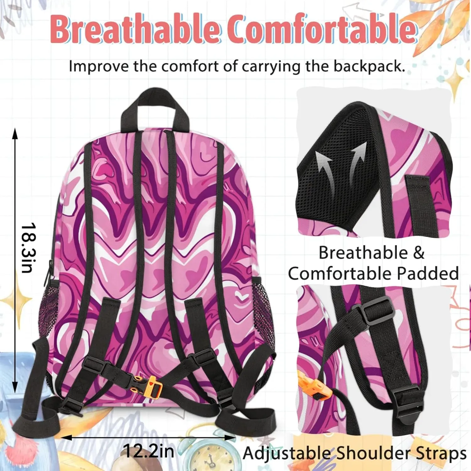 Custom Heart Pink Backpack and Lunch Box Set Personalized Backpack with Name, Customized Modern Retro Lightweight Waterproof Travel Casual Daypacks