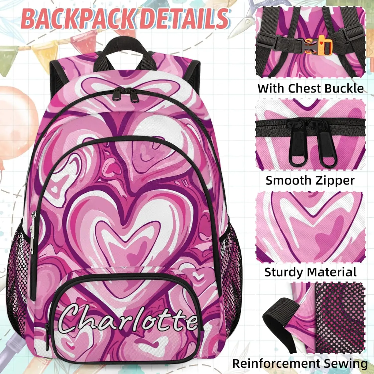 Custom Heart Pink Backpack and Lunch Box Set Personalized Backpack with Name, Customized Modern Retro Lightweight Waterproof Travel Casual Daypacks