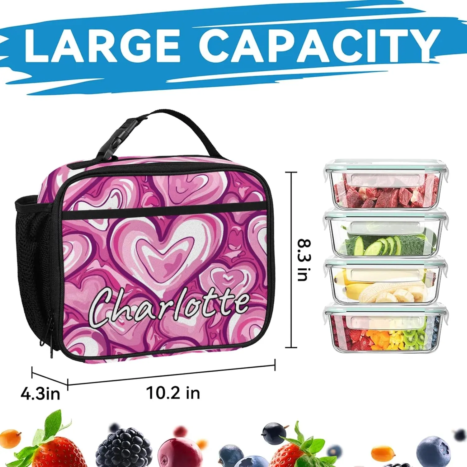 Custom Heart Pink Backpack and Lunch Box Set Personalized Backpack with Name, Customized Modern Retro Lightweight Waterproof Travel Casual Daypacks