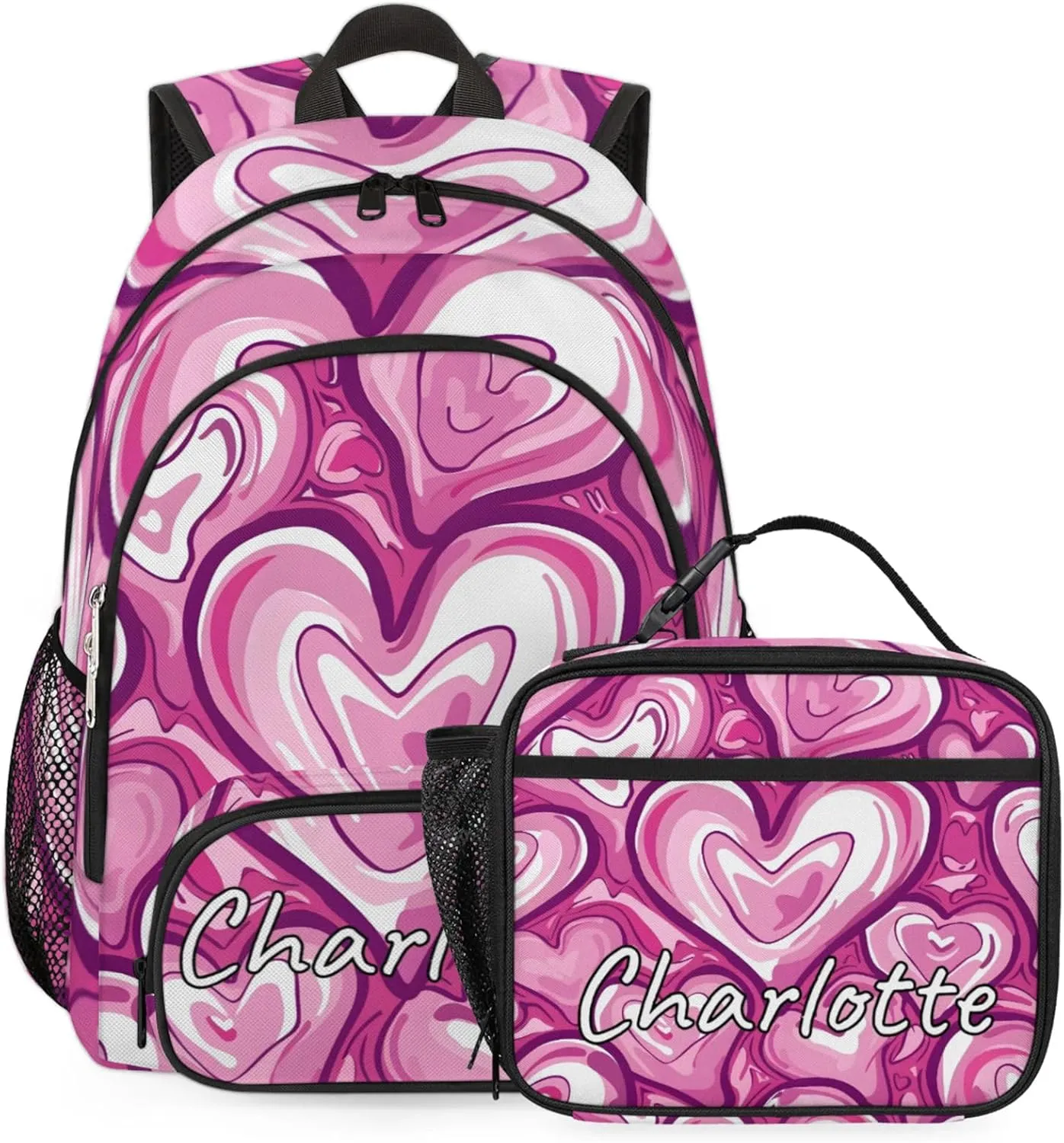Custom Heart Pink Backpack and Lunch Box Set Personalized Backpack with Name, Customized Modern Retro Lightweight Waterproof Travel Casual Daypacks