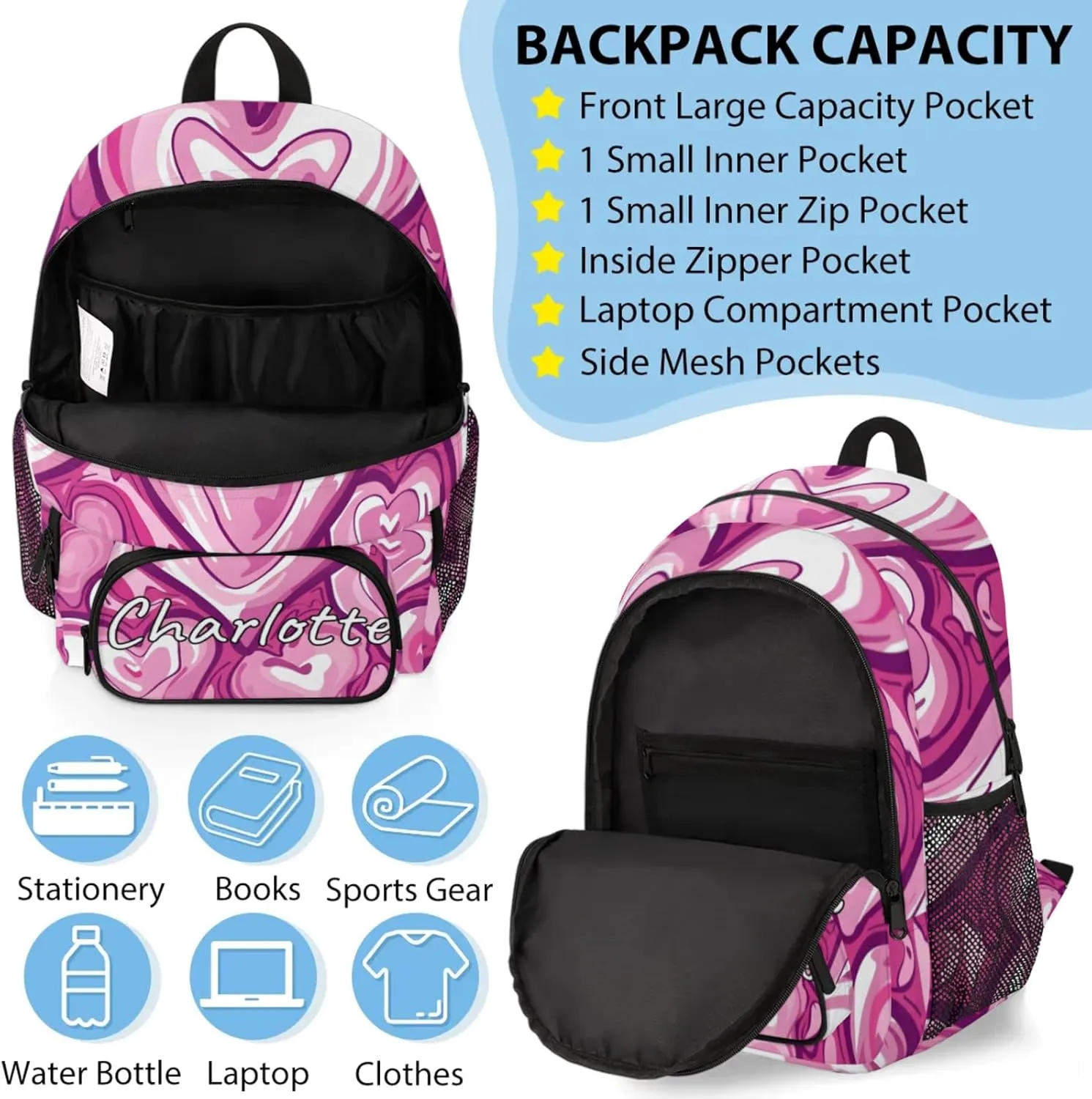 Custom Heart Pink Backpack and Lunch Box Set Personalized Backpack with Name, Customized Modern Retro Lightweight Waterproof Travel Casual Daypacks