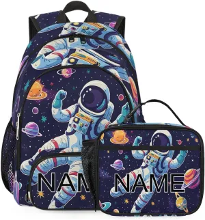 Custom Outer Space Astronaut Backpack and Lunch Box Set Personalized Backpack with Name, Customized Colorful Universe Lightweight Waterproof Travel Casual Daypacks