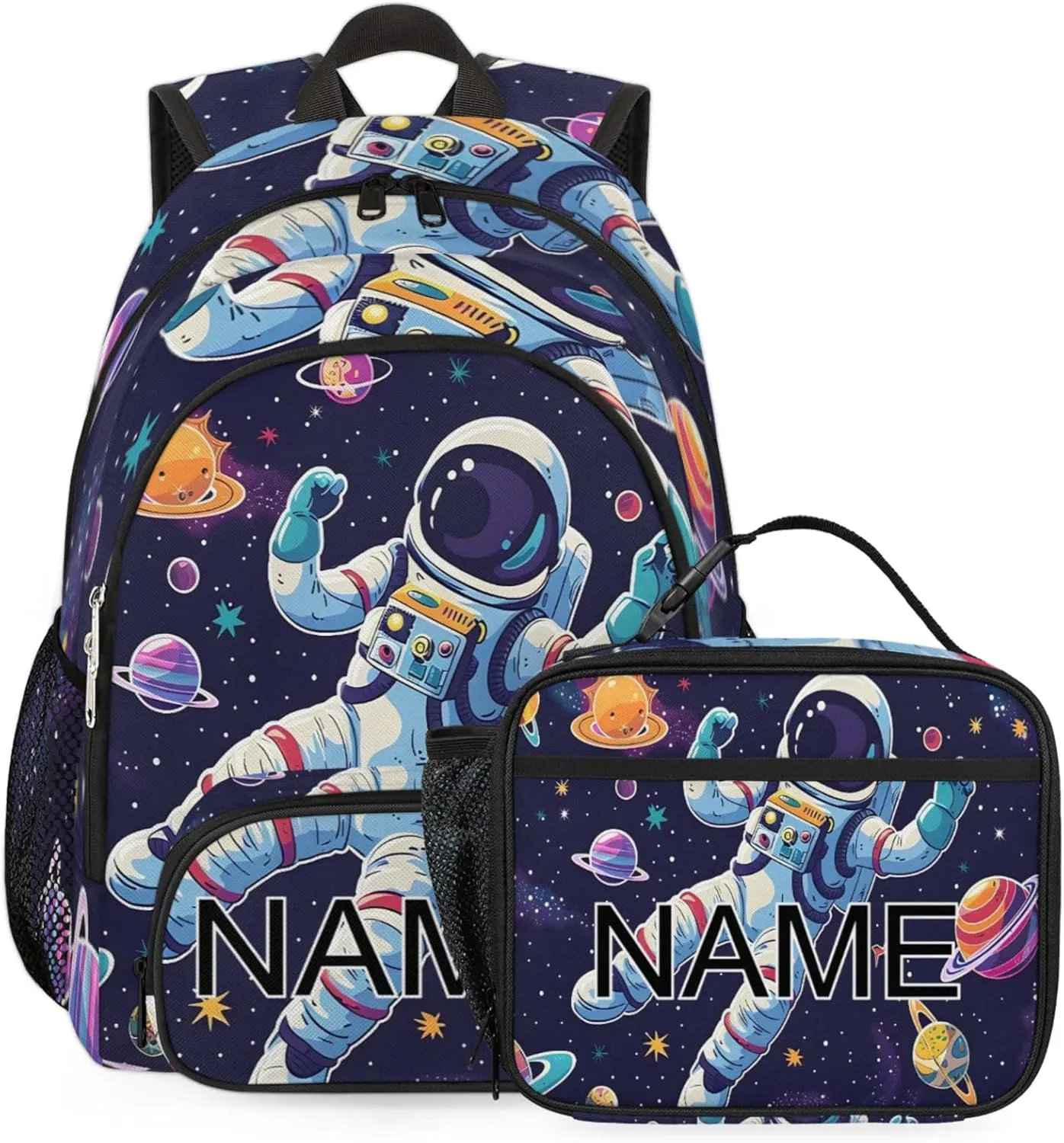 Custom Outer Space Astronaut Backpack and Lunch Box Set Personalized Backpack with Name, Customized Colorful Universe Lightweight Waterproof Travel Casual Daypacks