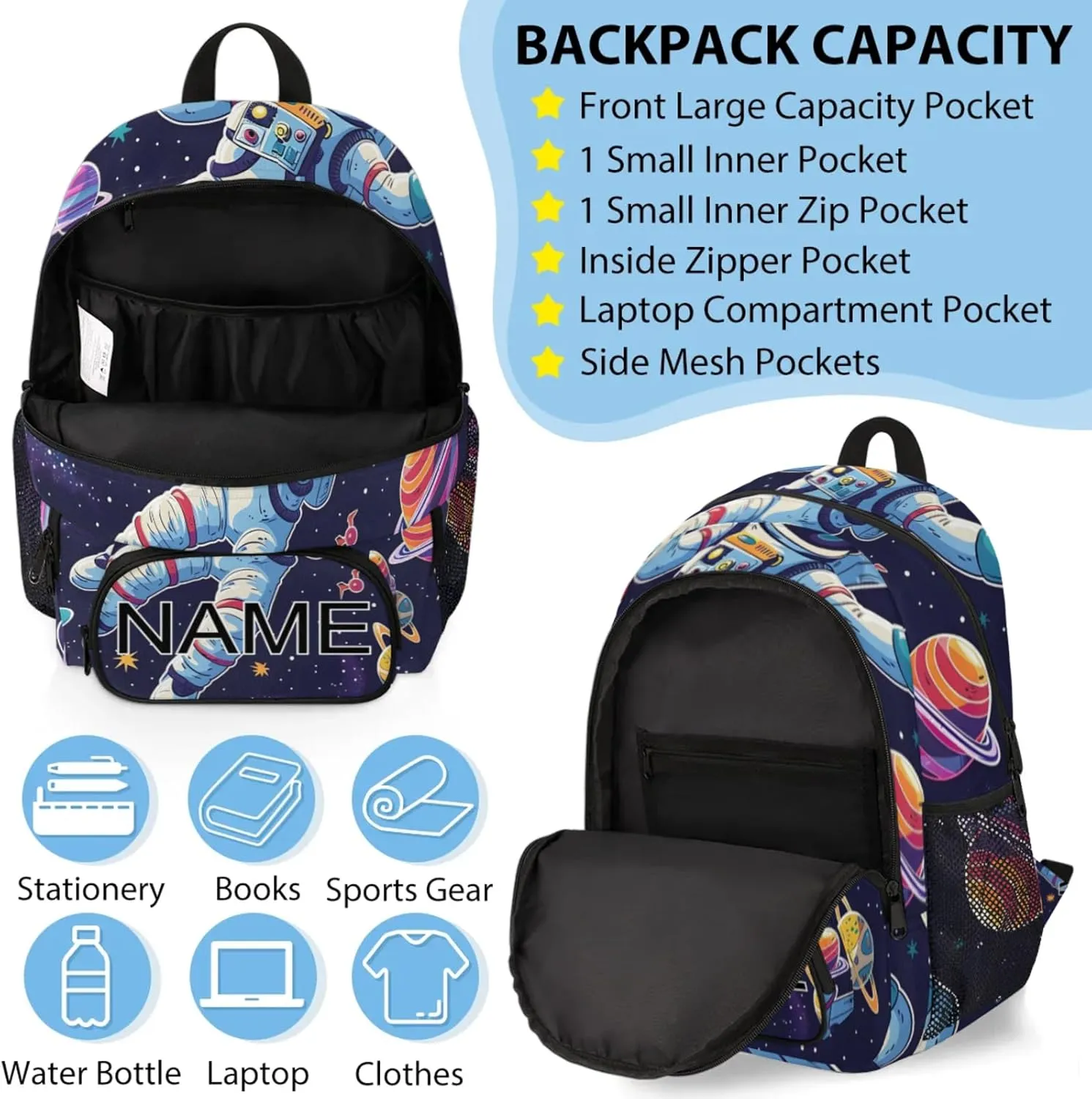 Custom Outer Space Astronaut Backpack and Lunch Box Set Personalized Backpack with Name, Customized Colorful Universe Lightweight Waterproof Travel Casual Daypacks