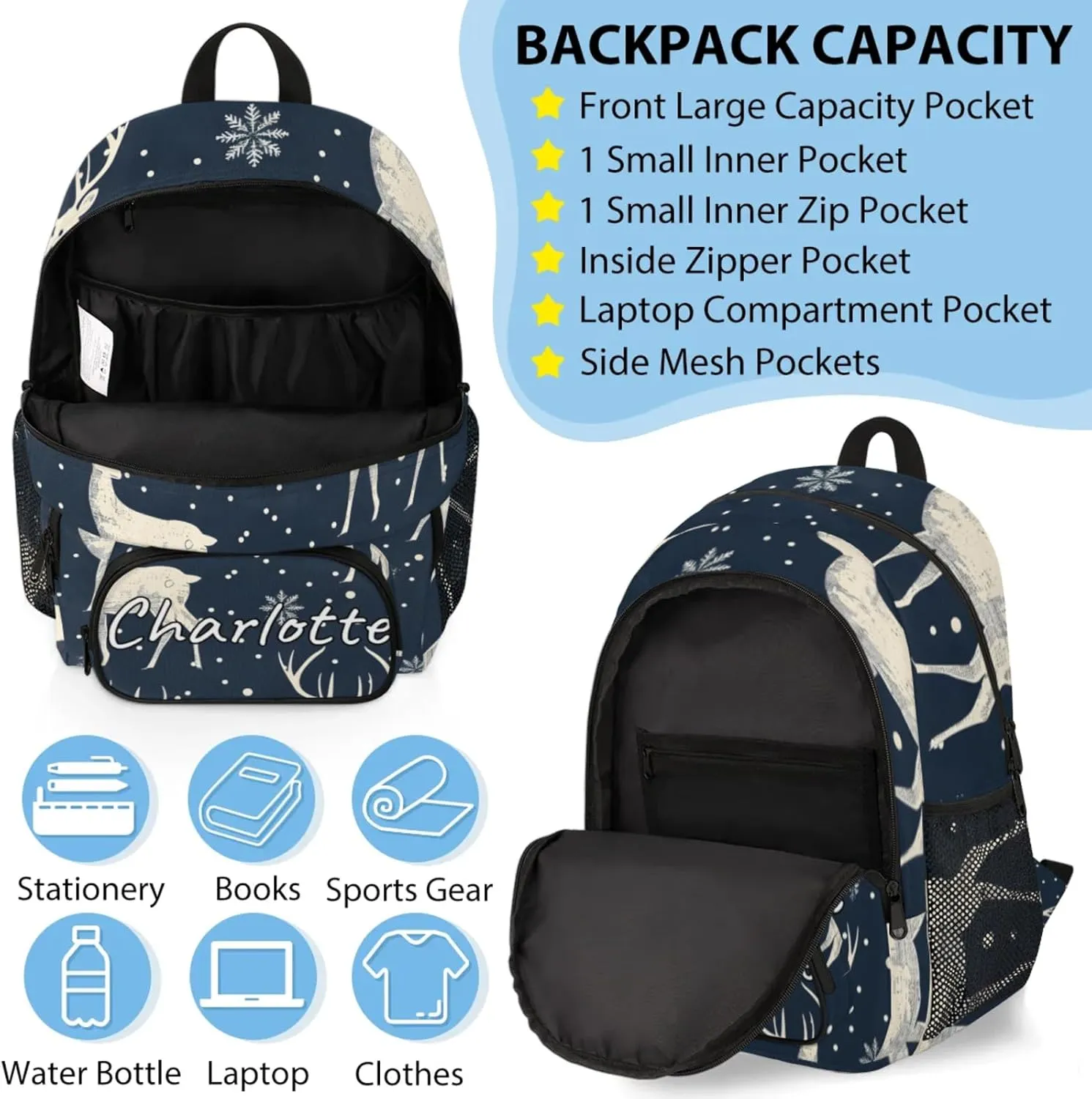 Custom Rustic Deer Backpack and Lunch Box Set Personalized Backpack with Name, Customized Misty Forest Lightweight Waterproof Travel Casual Daypacks