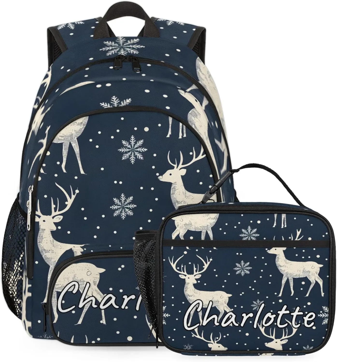 Custom Rustic Deer Backpack and Lunch Box Set Personalized Backpack with Name, Customized Misty Forest Lightweight Waterproof Travel Casual Daypacks