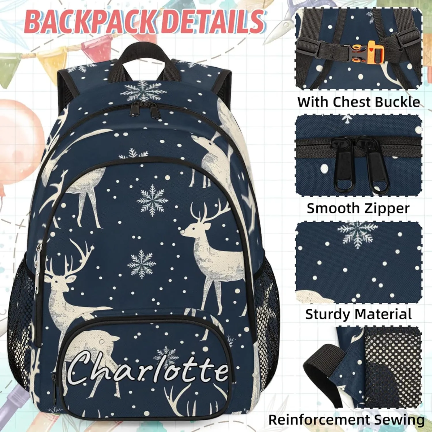 Custom Rustic Deer Backpack and Lunch Box Set Personalized Backpack with Name, Customized Misty Forest Lightweight Waterproof Travel Casual Daypacks