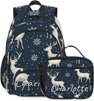 Custom Rustic Deer Backpack and Lunch Box Set Personalized Backpack with Name, Customized Misty Forest Lightweight Waterproof Travel Casual Daypacks