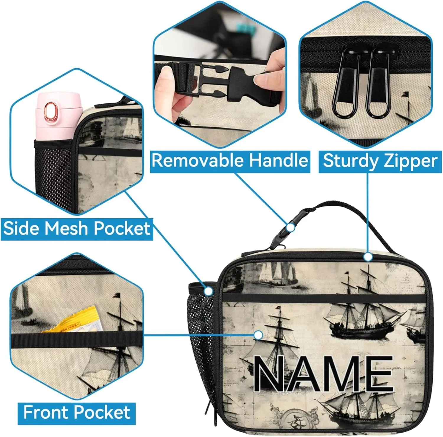 Custom Vintage Ship Backpack and Lunch Box Set Personalized Backpack with Name, Customized Ship Lightweight Waterproof Travel Casual Daypacks