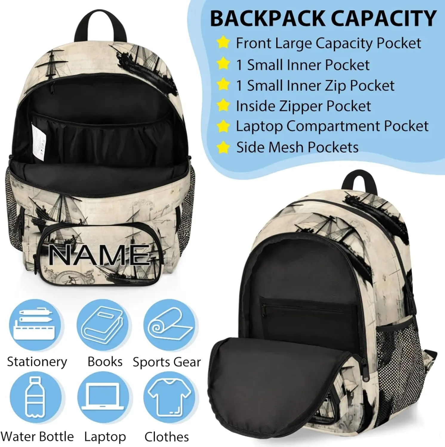 Custom Vintage Ship Backpack and Lunch Box Set Personalized Backpack with Name, Customized Ship Lightweight Waterproof Travel Casual Daypacks