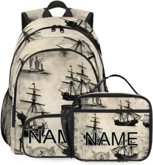 Custom Vintage Ship Backpack and Lunch Box Set Personalized Backpack with Name, Customized Ship Lightweight Waterproof Travel Casual Daypacks
