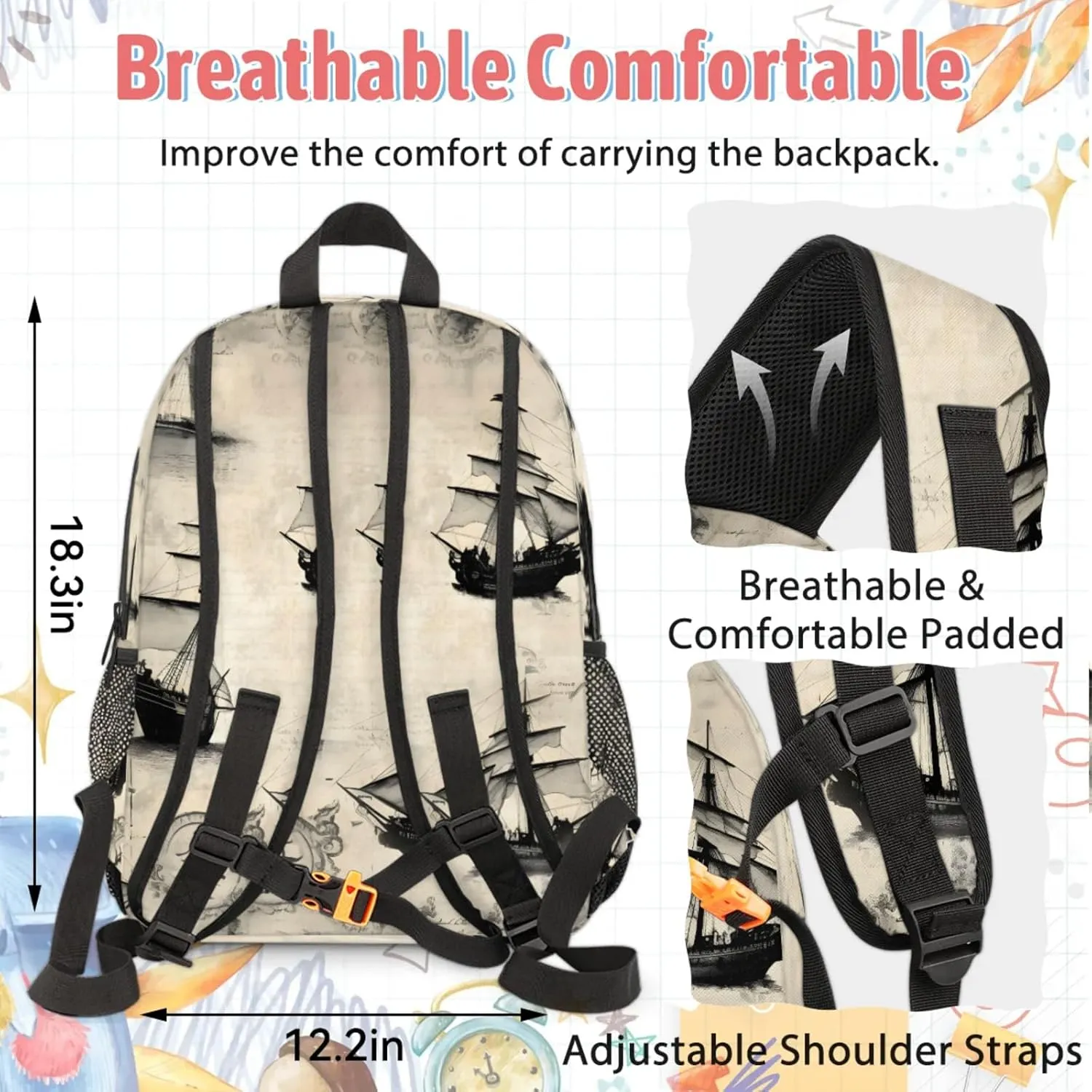 Custom Vintage Ship Backpack and Lunch Box Set Personalized Backpack with Name, Customized Ship Lightweight Waterproof Travel Casual Daypacks