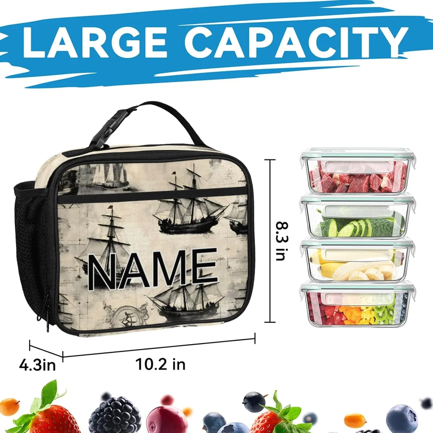 Custom Vintage Ship Backpack and Lunch Box Set Personalized Backpack with Name, Customized Ship Lightweight Waterproof Travel Casual Daypacks