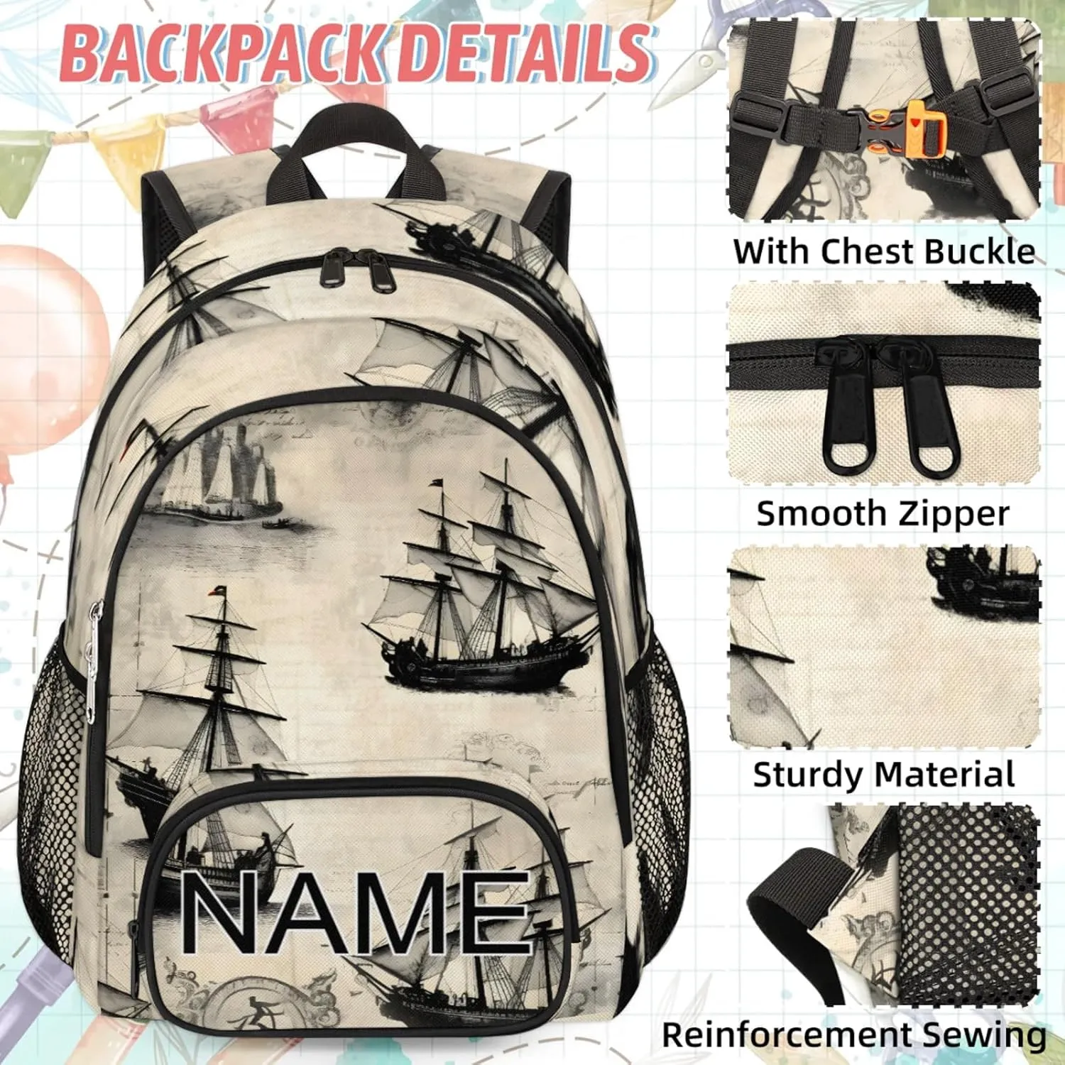 Custom Vintage Ship Backpack and Lunch Box Set Personalized Backpack with Name, Customized Ship Lightweight Waterproof Travel Casual Daypacks