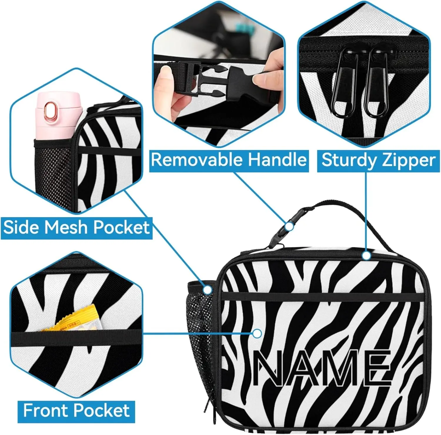 Custom Zebra Print Backpack and Lunch Box Set Personalized Backpack with Name, Customized Modern Art Lightweight Waterproof Travel Casual Daypacks
