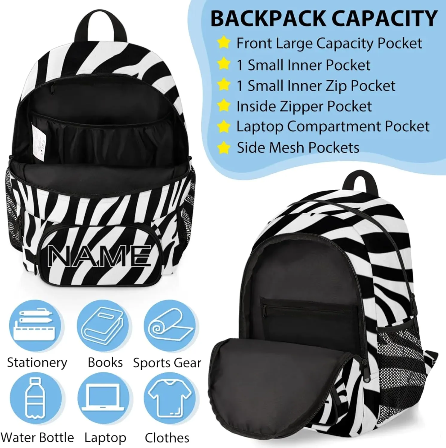 Custom Zebra Print Backpack and Lunch Box Set Personalized Backpack with Name, Customized Modern Art Lightweight Waterproof Travel Casual Daypacks