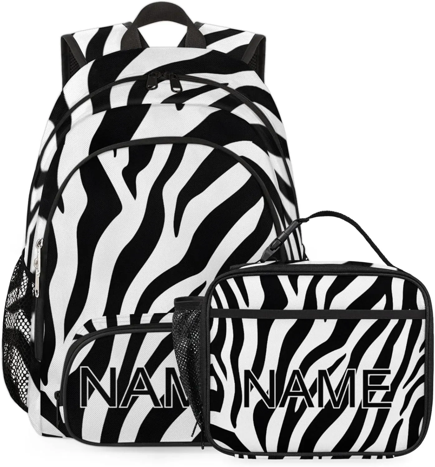 Custom Zebra Print Backpack and Lunch Box Set Personalized Backpack with Name, Customized Modern Art Lightweight Waterproof Travel Casual Daypacks