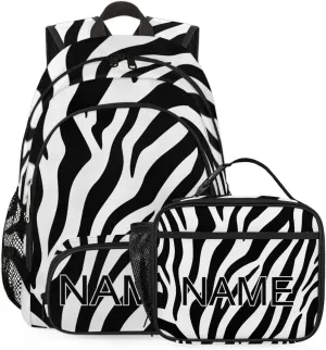 Custom Zebra Print Backpack and Lunch Box Set Personalized Backpack with Name, Customized Modern Art Lightweight Waterproof Travel Casual Daypacks