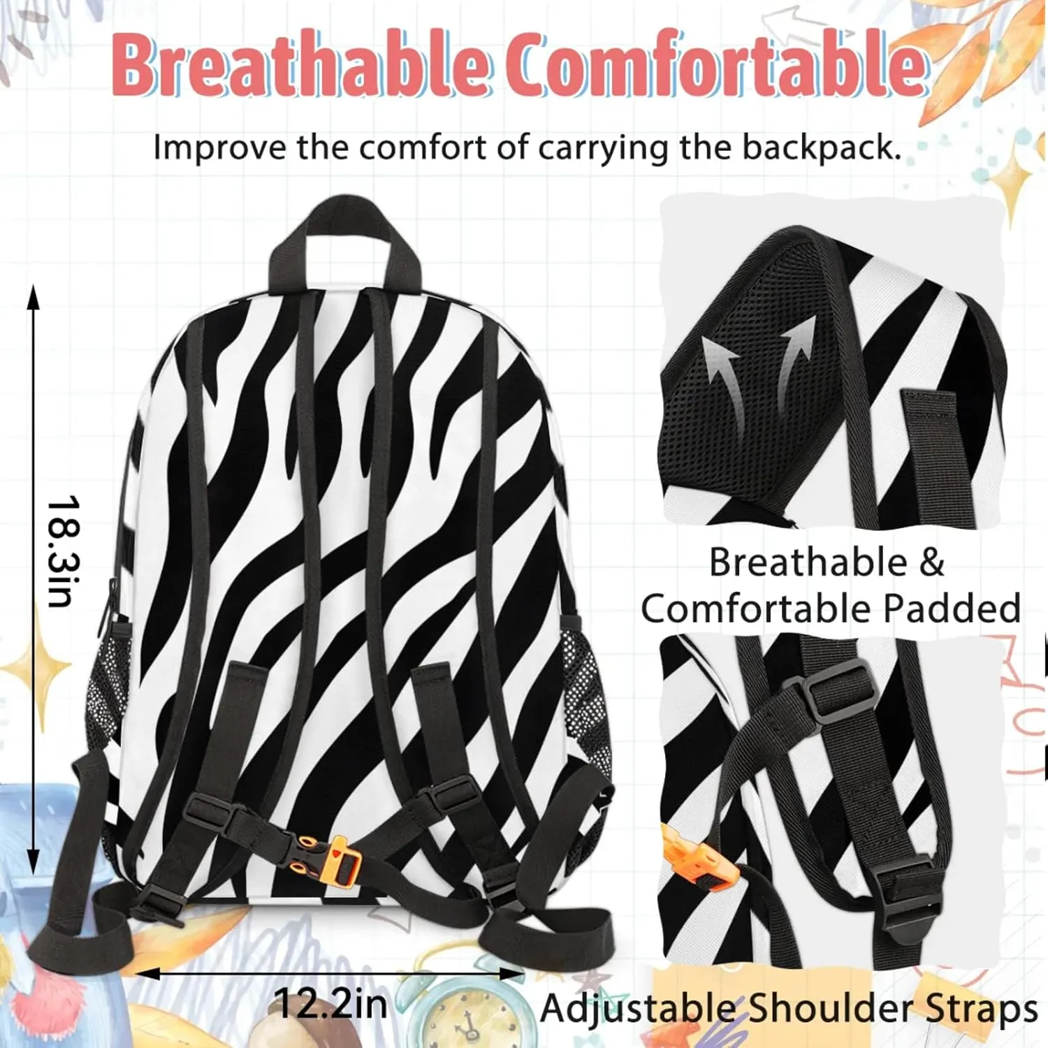 Custom Zebra Print Backpack and Lunch Box Set Personalized Backpack with Name, Customized Modern Art Lightweight Waterproof Travel Casual Daypacks