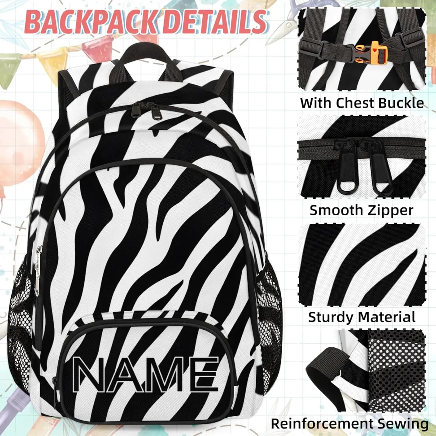 Custom Zebra Print Backpack and Lunch Box Set Personalized Backpack with Name, Customized Modern Art Lightweight Waterproof Travel Casual Daypacks